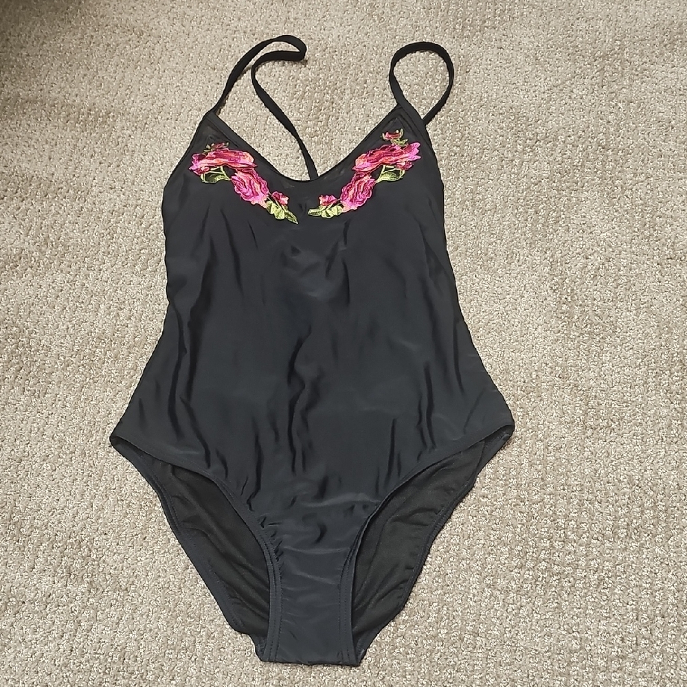 Xhilaration Black One Piece with Pink Floral Design